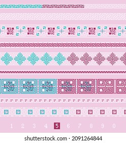 Set of greek patterns with qr code icons, pixel perfect art, squares, shapes, lines. Trendy pink and tiffany colors. Creative idea of encryption, scanning, matrix, coding, id cards, checking, security