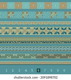 Set of greek patterns with qr code icons, isolated on mint blue background. Seamless edges, matrix, pixel art, minimalistic style, simple geometry. Creative idea for id card, certificate, patent, web