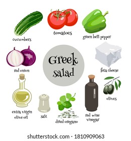 Set of Greek salad ingredients. Tomatoes, red onion, cucumbers, green pepper, olives, feta cheese, olive oil, wine vinegar, dried oregano and salt for preparation of traditional dish. Cartoon illustra