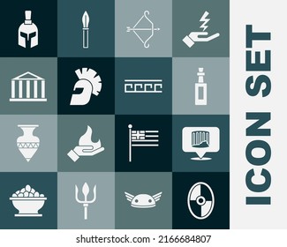 Fijar el escudo griego, columna antigua, Botella de aceite de oliva, arco medieval con flecha, casco, Partenón e icono de patrón. Vector