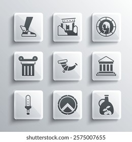Set Greek shield, Bottle of olive oil, Parthenon, Hunting horn, Medieval sword, Ancient column, Hermes sandal and coin icon. Vector