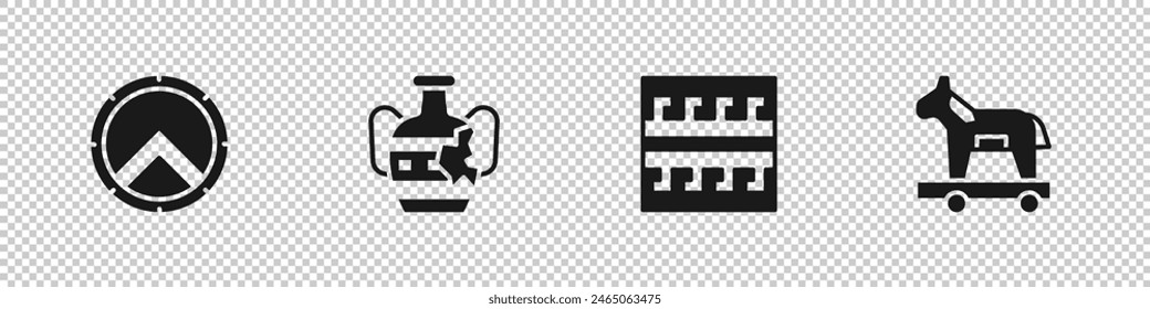 Set Greek shield, Broken amphorae, Ancient pattern and Trojan horse icon. Vector