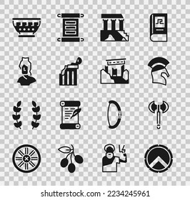 Set Greek shield, Medieval axe, helmet, Parthenon, Broken ancient column, Ancient bust sculpture, bowl and ruins icon. Vector