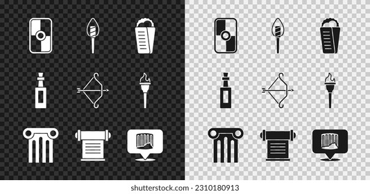 Set Greek shield, Torch flame, Gyros Pita, Ancient column, Decree, parchment, scroll, Bottle of olive oil and Medieval bow with arrow icon. Vector