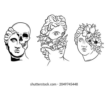Set of Greek statues with flowers. Collection of portraits of ancient Roman heads of characters with flower bouquets and a skull. Vector illustration of ancient Greek statues on white background.