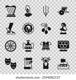 Set Greek trireme, Olympic rings, Ancient bust sculpture, Neptune Trident, coin, Hermes sandal, Harp and Olives branch icon. Vector