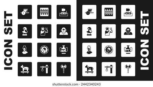 Set Greek trireme, Zeus, Ancient bust sculpture, chariot, Cyclops, pattern, Broken amphorae and  icon. Vector