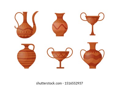 Set of greek vases. Ancient Greek or Roman ceramics. Old clay jugs. Set of archaeological artifacts. Vector image