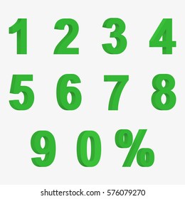 Set of green 3D figures and sign of percent. Numbers from 1 to 9. Isolated on white background. Flat vector stock illustration