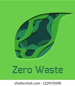 Set of green 3d tree leaf cut out from paper.  Zero waste. Vector element for your design