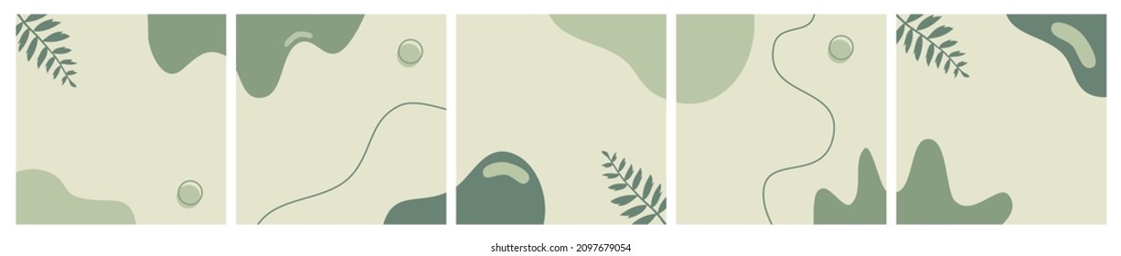Set of green abstract background on pastel color for carousel template, social media post, feed, promotion, frame, banner, flyer. Trendy modern organic shapes with copy space text.
