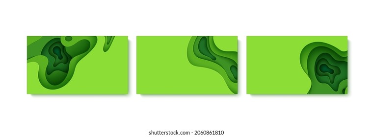Set of green abstract background in paper cut style. 3d layout wallpaper cut out from cardboard. Modern template with abstract curve shapes. Vector environmental card. Papercut waves for eco poster
