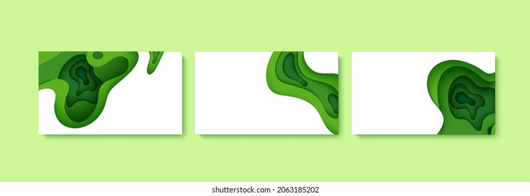 Set of green abstract background in paper cut style. 3d layout wallpaper cut out from cardboard. Modern template with abstract curve shapes. Vector environmental card. Papercut waves for eco poster