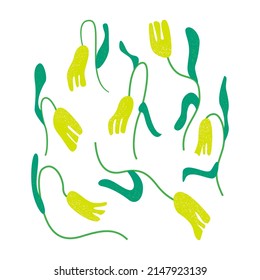 Set of green abstract botanic. Vector textured illustration with flowers and leaves