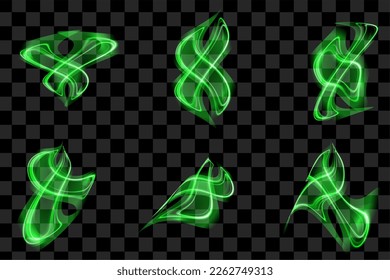 Conjunto de líneas de onda transparentes aisladas de resumen verde para fondo negro. Kit de elementos de diseño Líneas curvadas verticales onduladas suaves.
