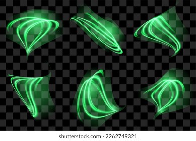 Set of Green Abstract Isolated Transparent Wave Lines for Black Background. Kit of Design Elements Smooth Wavy Vertical Curved Lines.