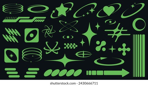 Set of green abstract retro futuristic Y2K elements and shapes isolated on a black background. Y2K geometric shapes, forms, symbols for template, poster, banner, web, stickers, logo, social media.