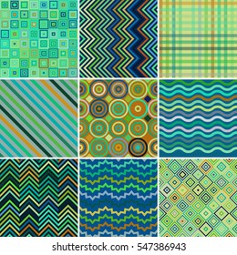 set with green abstract retro geometric seamless pattern for design, vector illustration