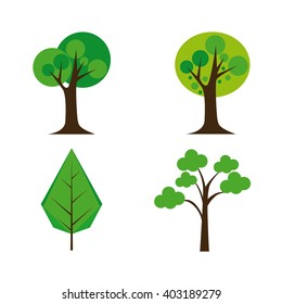 Set of green abstract trees on a white background