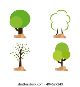 Set of green abstract trees on a white background