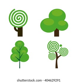 Set of green abstract trees on a white background