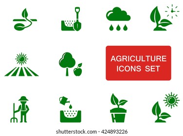 set of green agriculture icon with red accent