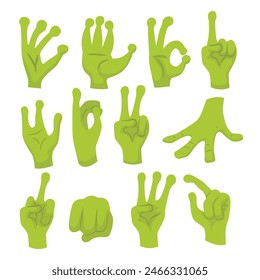 Set of Green Alien Hands collection with various gestures, reptile paw, UFO space adventures, hand drawn doodle alien's hands finger communication. vector illustration, isolated on white background.