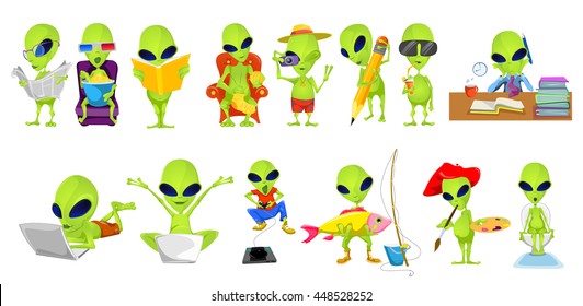 Set of green aliens engaged in such hobbies and interests as reading, watching movie, knitting, photographing, drawing, playing video game, fishing. Vector illustration isolated on white background.