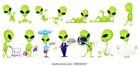 Set of green aliens posing with white blank placard. Set of aliens of such professions as chef, waiter, detective. Set of aliens doing shopping. Vector illustration isolated on white background.