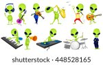 Set of green aliens singing and listening to music. Set of aliens playing saxophone, guitar, synthesizer, violin, drum, mixing music on turntables. Vector illustration isolated on white background.