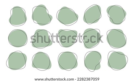 Set of green amoeba organic graphic elements irregular shapes with line. Isolated on a white background. Doodle illustration concept