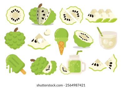 Set of green Annona, Farm fresh Annona product emblem for grocery shop, collection of ice cream, Juice jar, glass of juice, ice cream cone and stick, simple flat vector illustration of fruits.