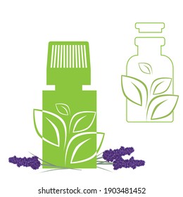 Set of green apothecary medical lavender bottles, ecology, plant, bio. Vector supplies