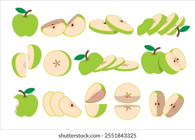 Conjunto de manzana verde, emblema de producto de manzana fresca de la granja para la tienda de comestibles, diapositivas, secciones largas y transversales, y diferentes posiciones, Ilustración vectorial plana simple de verduras y frutas.