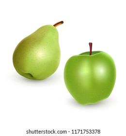 Set of green Apple and Pear on light background, realistic vector illustration