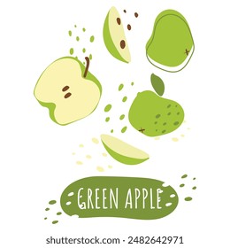 A set of green apple slices with the inscription green apple. Fresh, juicy and tasty fruit. Vector illustration of organic fruit. Eco-label for natural watermelon flavor. Juice, smoothie design.