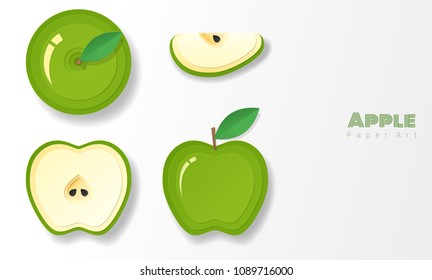 Set of green apples in paper art style , vector , illustration