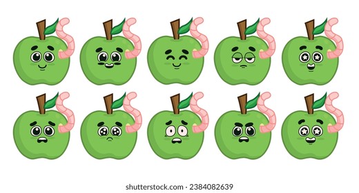 Set of green apples with worms and adorable facial expressions. Whole fruit on a white background.