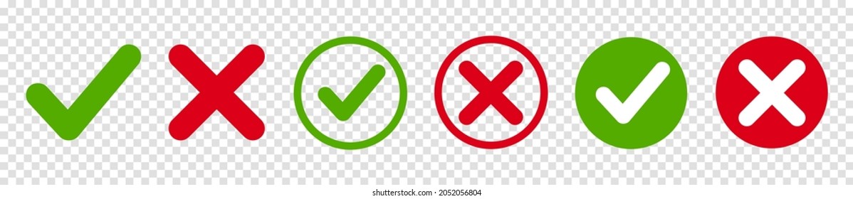 Set green approval check mark and red cross icons in circle and square, checklist signs, flat checkmark approval badge, isolated tick symbols - stock vector