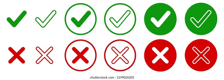 Set green approval check mark and red cross icons in circle and square, checklist signs, flat checkmark approval badge, isolated tick symbols - for stock