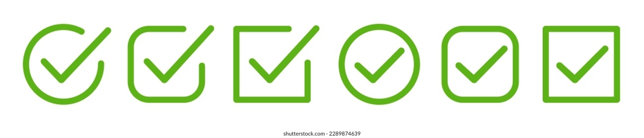 Establecer iconos de marca de verificación de aprobación verde en círculo y cuadrado, signos de lista de comprobación, placa de aprobación de marca de verificación plana correcta, símbolos de marca de graduación aislada - vector de stock