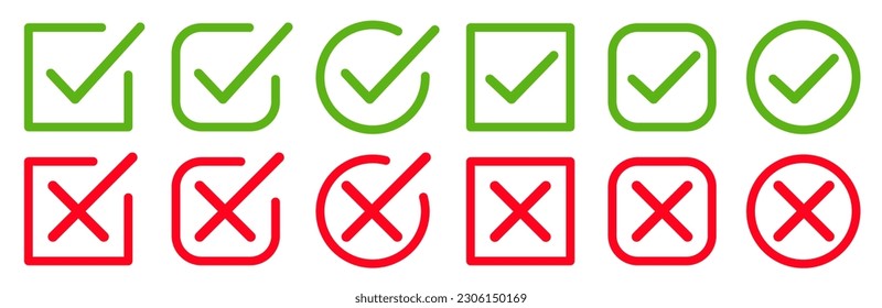 Set green approval check mark and red cross icons in circle and square, checklist signs, flat checkmark approval correct badge, isolated tick symbols - stock vector