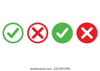 Markieren Sie grünes Genehmigungszeichen und rote Kreuz-Symbole in einem Kreis, Markierungszeichen, flache Genehmigungszeichen, einzelne Tick-Symbole. Vektorgrafik