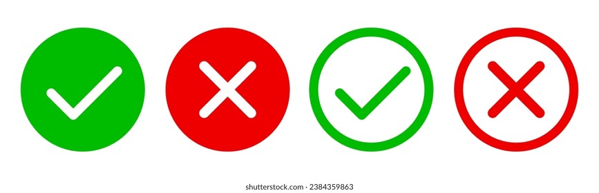 Set green approval check mark and red cross icons in circle and square, checklist signs, flat checkmark approval badge, isolated tick symbol