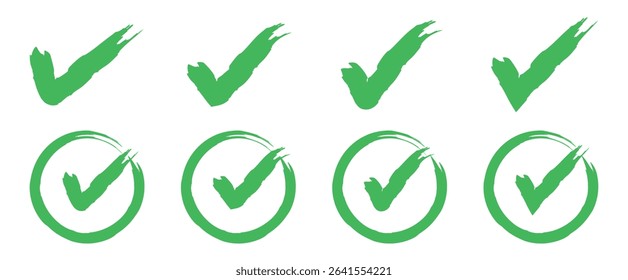  Set green approval check mark icons in circle. Brush stroke approved symbols in green color, checkmark sign vector illustration. Hand-drawn checkmark illustration, approval check icon isolated.