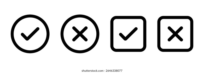 Set green approval check mark and red cross icons in circle and square, checklist signs, flat checkmark approval badge, isolated tick symbols.