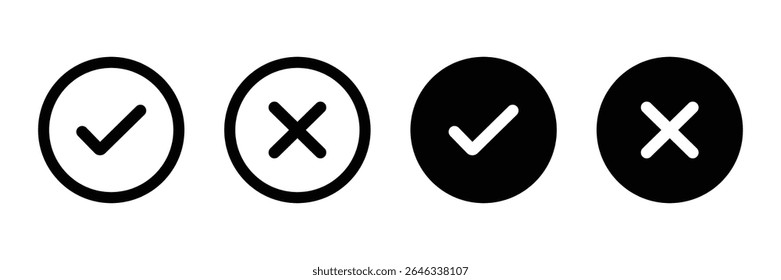 Set green approval check mark and red cross icons in circle and square, checklist signs, flat checkmark approval badge, isolated tick symbols.