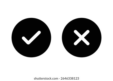 Set green approval check mark and red cross icons in circle and square, checklist signs, flat checkmark approval badge, isolated tick symbols.