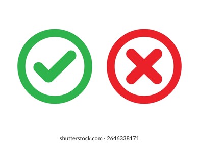 Set green approval check mark and red cross icons in circle and square, checklist signs, flat checkmark approval badge, isolated tick symbols.