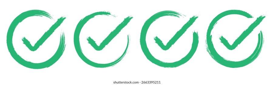 Set green approval check mark icons in circle. Brush hand drawn circle Green Checkmark. Check marks vector illustration isolated on white background.
